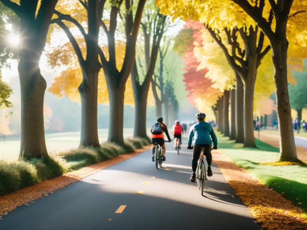 Grupo de ciclistas recorriendo un camino arbolado con vibrante follaje otoñal, acompañados de personas con discapacidad en bicicletas adaptadas