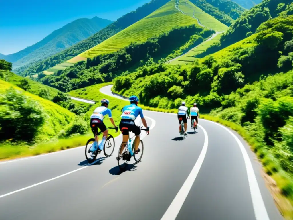 Grupo de ciclistas pedaleando en una carretera de montaña, con sus vibrantes cascos destacando en el paisaje