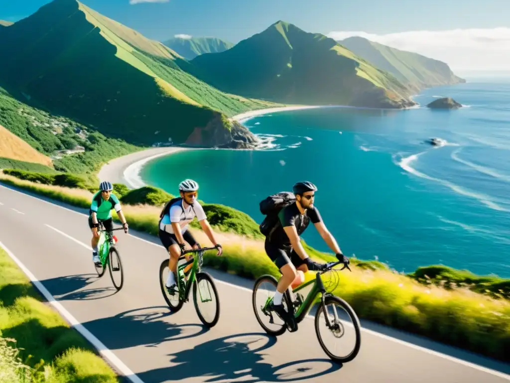 Un grupo de ciclistas disfruta de un paseo junto al mar y las montañas verdes