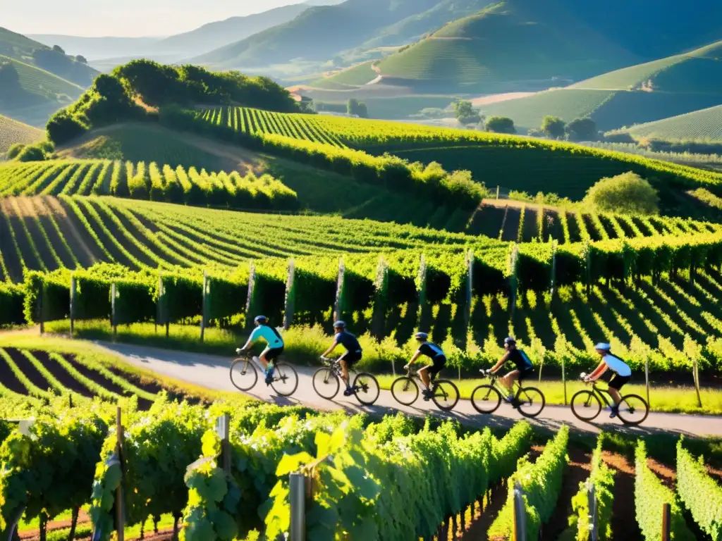 Grupo de ciclistas disfrutando de rutas de enoturismo en bicicleta entre viñedos y un viñedo en el fondo