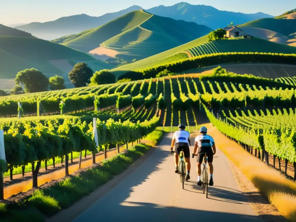 Grupo de ciclistas disfrutando de rutas de enoturismo en bicicleta entre viñedos al atardecer