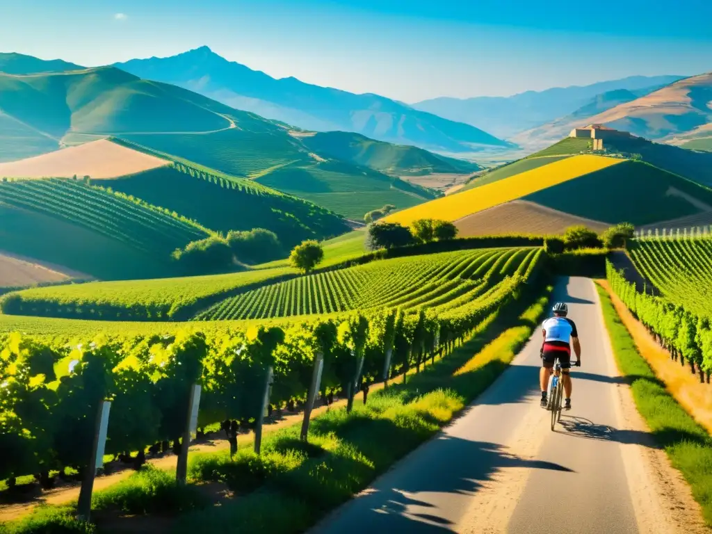 Grupo de ciclistas disfrutando de rutas de enoturismo en bicicleta en La Rioja, rodeados de viñedos y paisajes pintorescos en España