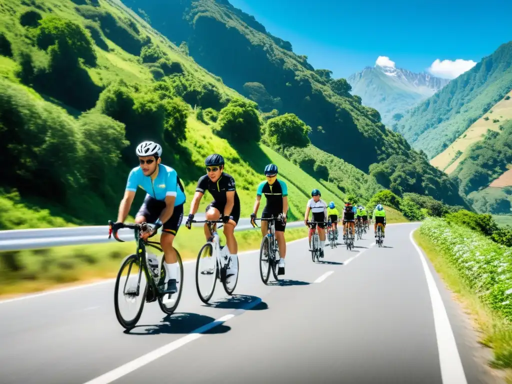 Grupo de ciclistas viajeros seguros con gadgets innovadores, pedaleando en la montaña bajo el cielo azul