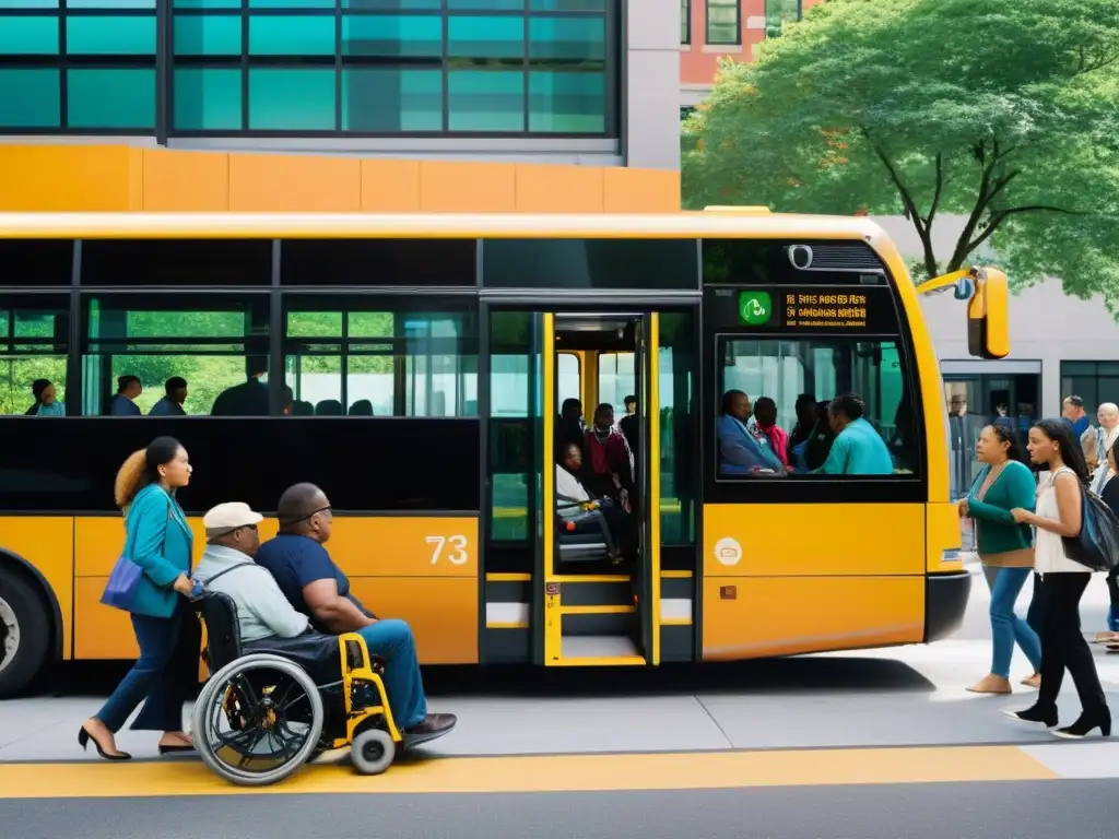 Grupo diverso abordando un autobús con accesibilidad para sillas de ruedas, destacando la inclusión en proyectos de transporte público inclusivo