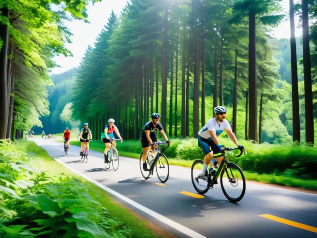 Un grupo diverso de ciclistas sonrientes recorre un hermoso sendero accesible en bicicleta, rodeado de exuberante vegetación