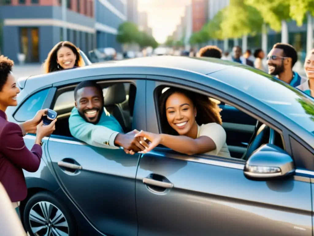 Un grupo diverso comparte un coche, intercambiando llaves y sonrisas en un entorno urbano, reflejando la naturaleza colaborativa del car sharing