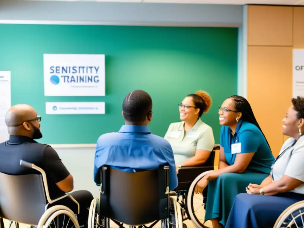 Grupo diverso en formación en sensibilización sobre discapacidad, compartiendo experiencias y fomentando un ambiente inclusivo en el trabajo