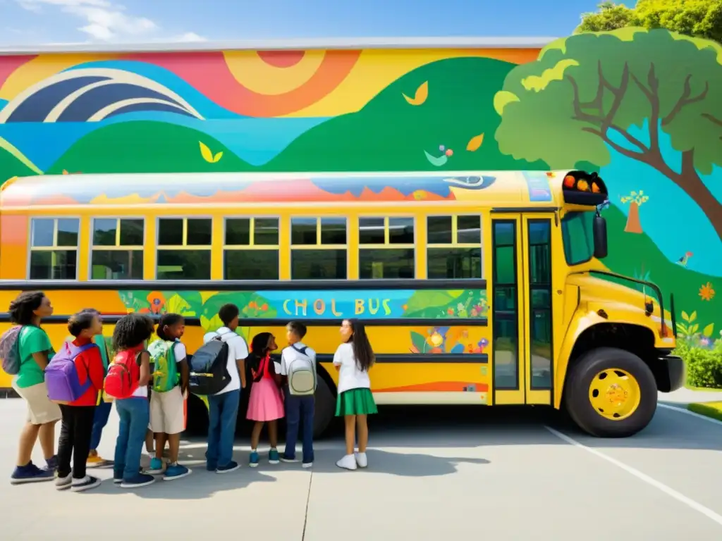 Grupo diverso de estudiantes se reúnen alrededor de un colorido autobús escolar eco-amigable, promoviendo proyectos de transporte sostenible en la educación