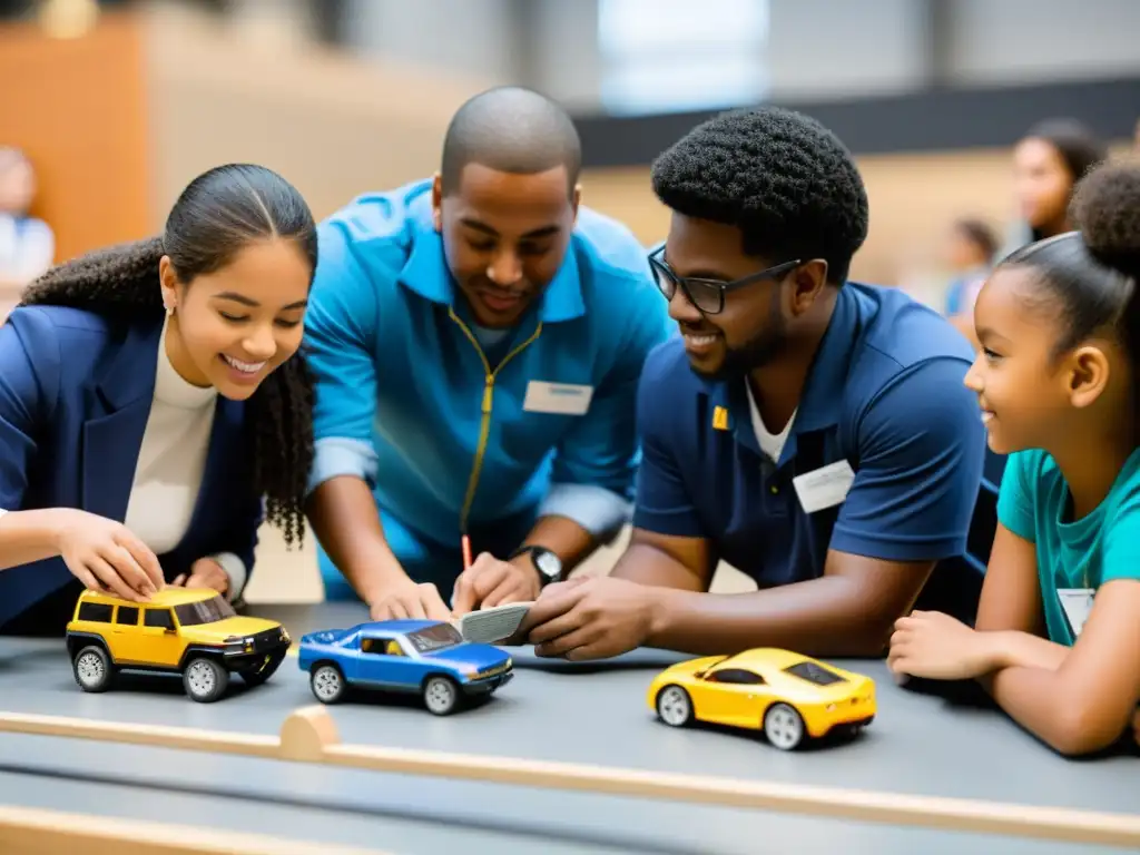 Grupo diverso de estudiantes participando activamente en juegos de transporte en educación, con guía educativa