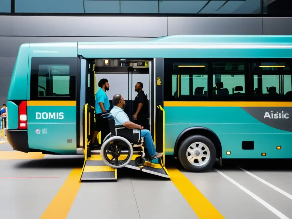 Un grupo diverso aborda un moderno vehículo de transporte público diseñado con accesibilidad para todos