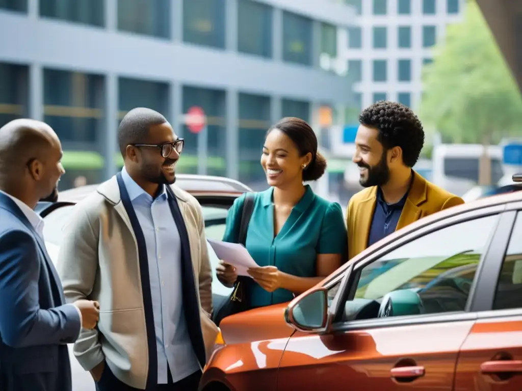 Un grupo diverso de pasajeros se prepara para un viaje en carpooling en un entorno urbano iluminado, verificando la seguridad y legalidad