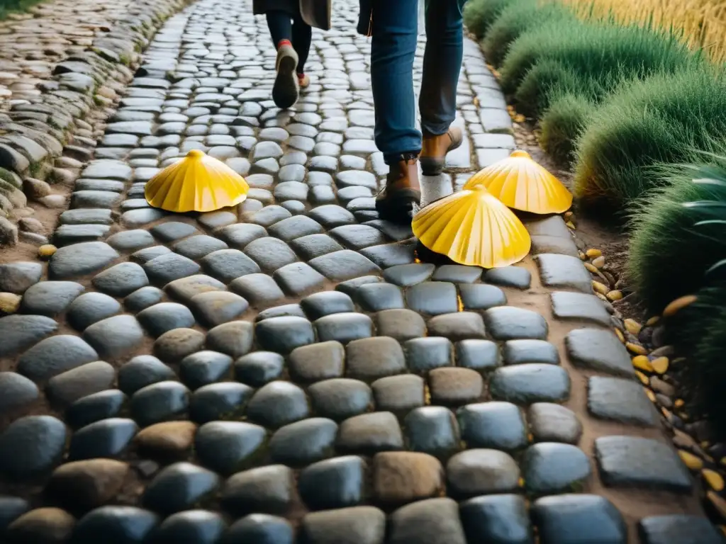 Un grupo diverso de peregrinos camina por el histórico Camino de Santiago, mostrando camaradería y determinación en esta ruta comercial y espiritual