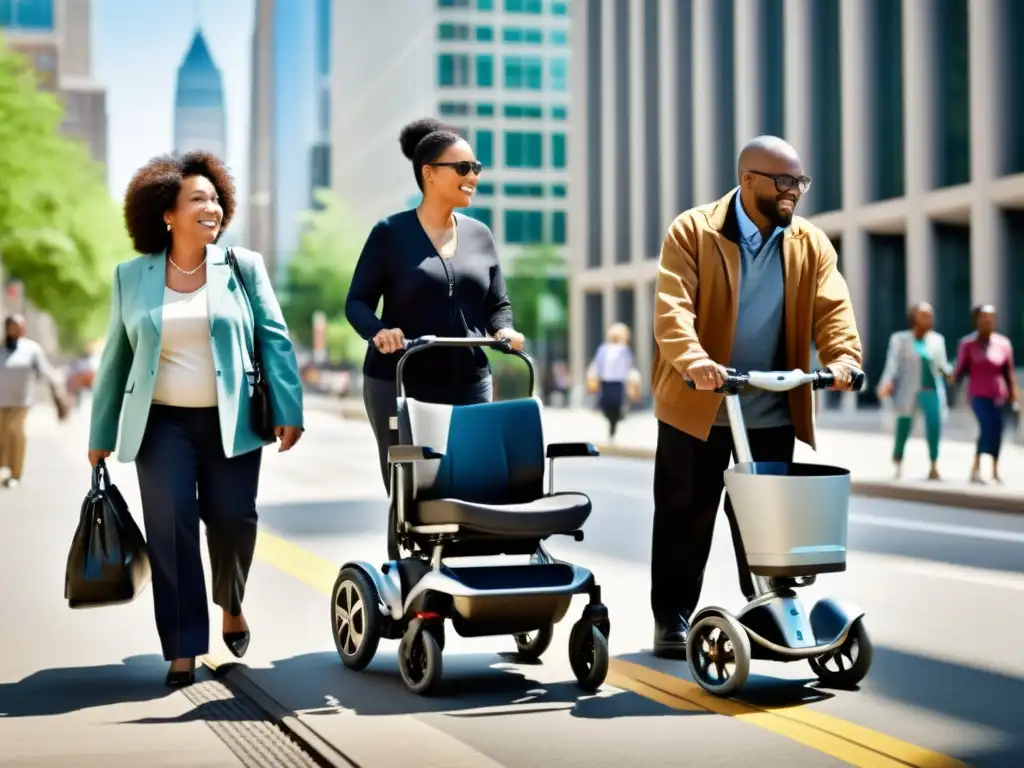 Un grupo diverso de personas con ayudas técnicas para movilidad personal recorriendo entornos urbanos, destacando la independencia y la inclusión