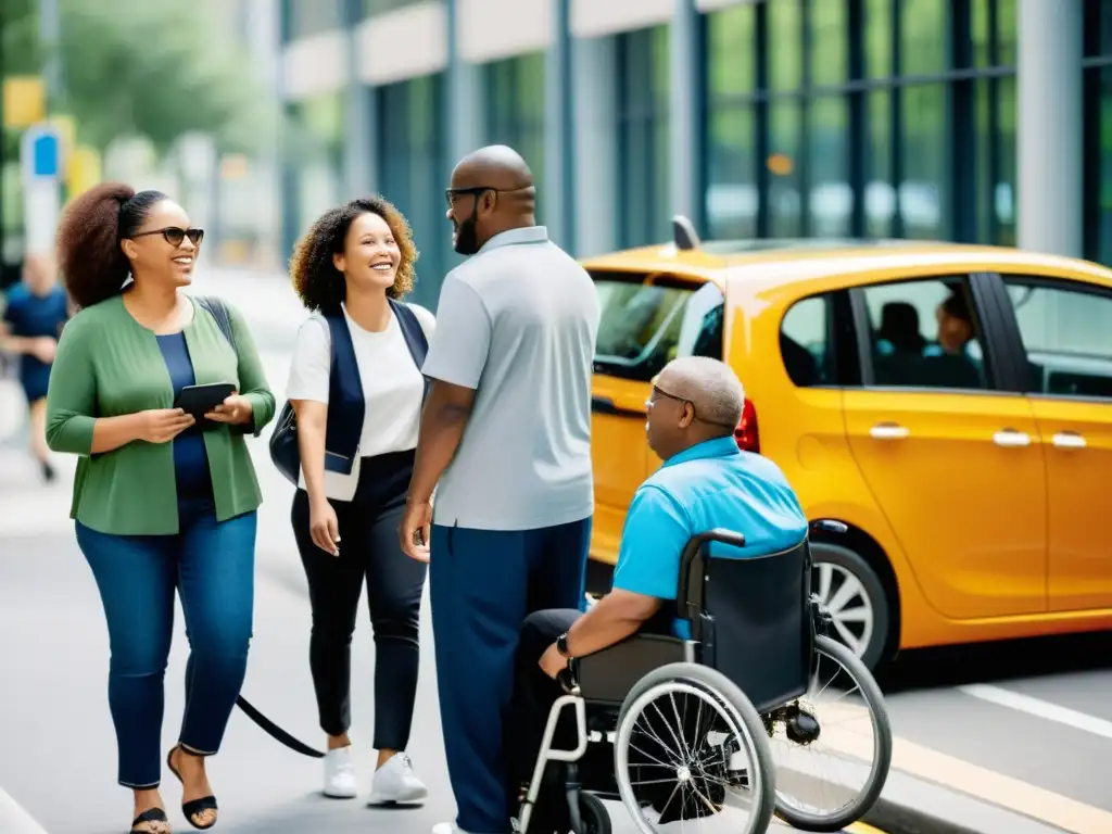 Un grupo diverso de personas con discapacidad participa en un programa de car sharing inclusivo, accediendo y usando vehículos especialmente diseñados en un entorno urbano moderno, transmitiendo inclusión, apoyo y empoderamiento