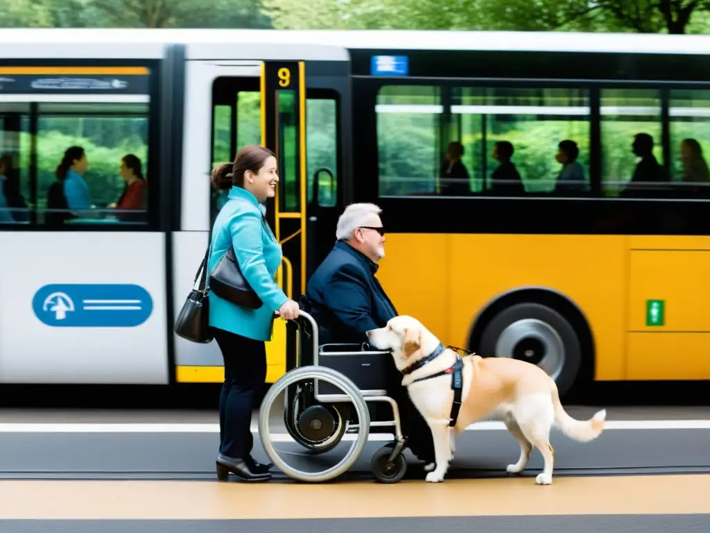 Un grupo diverso de personas con discapacidades utiliza con confianza el transporte público, mostrando la inclusión y accesibilidad