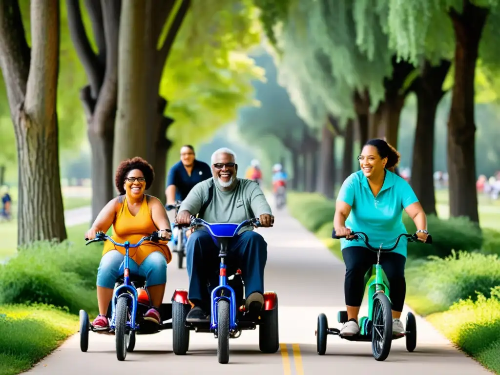 Un grupo diverso de personas con distintas discapacidades monta bicicletas adaptadas en un sendero arbolado, mostrando determinación y alegría