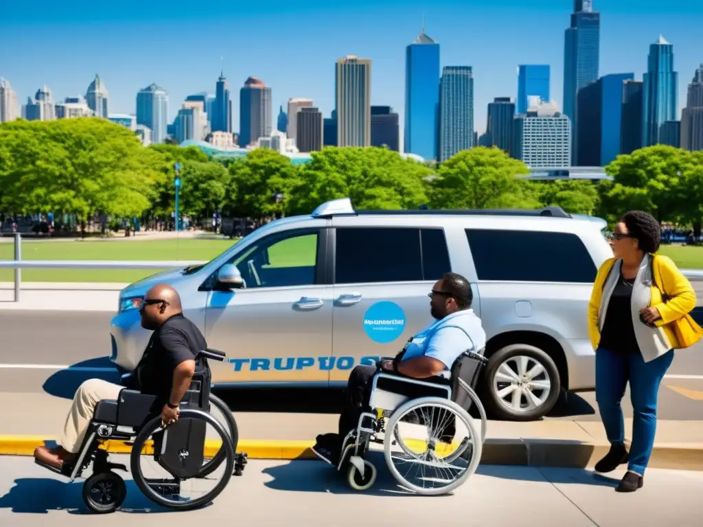 Un grupo diverso de personas con discapacidades espera en un punto accesible de transporte