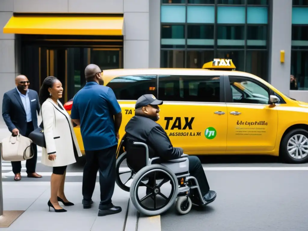 Un grupo diverso de personas con discapacidades sonriendo y abordando un taxi accesible con un conductor amable, en una ciudad urbana