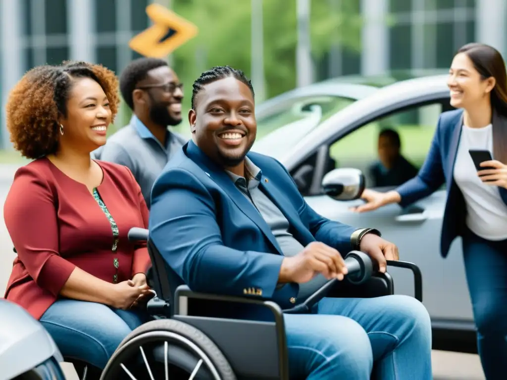 Un grupo diverso de personas con discapacidades participa en un programa de car sharing inclusivo, usando vehículos accesibles