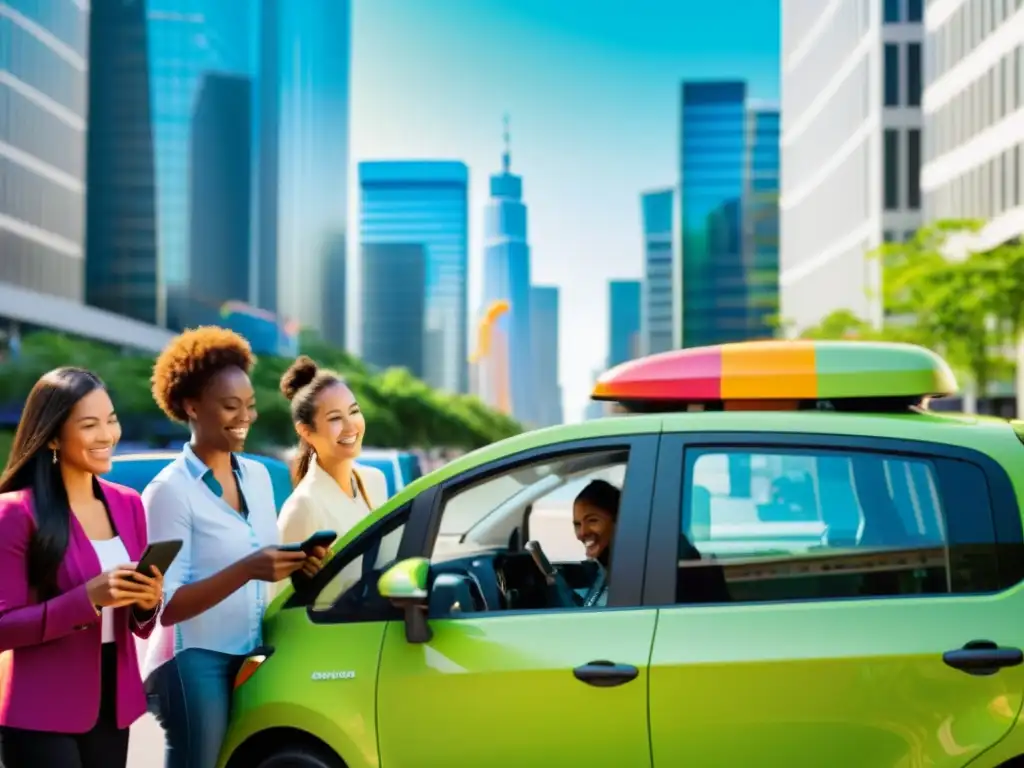 Grupo diverso de personas sonrientes se preparan para viajar en coches compartidos, mostrando la comunidad y responsabilidad compartida