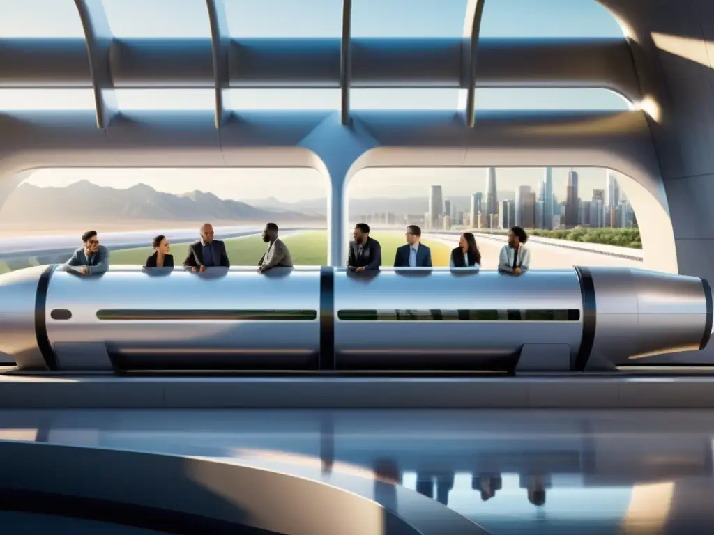 Grupo diverso espera en plataforma de Hyperloop, reflejando aspecto social y asequibilidad del sistema