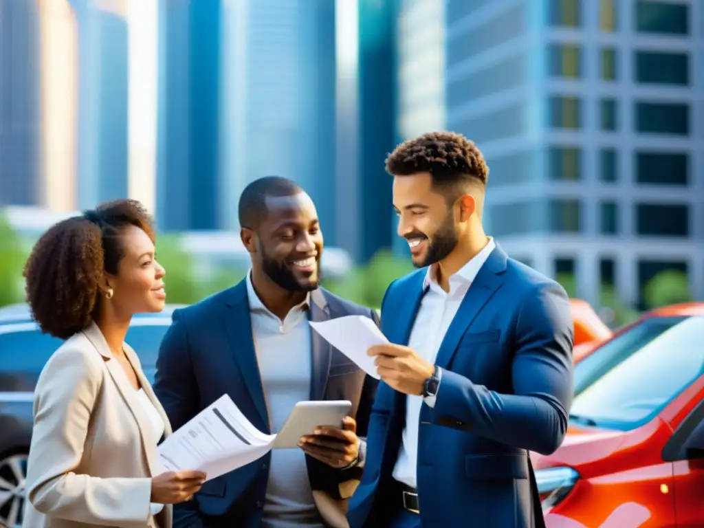 Un grupo diverso de profesionales discute coberturas seguros car sharing frente a una flota de vehículos compartidos en una bulliciosa ciudad