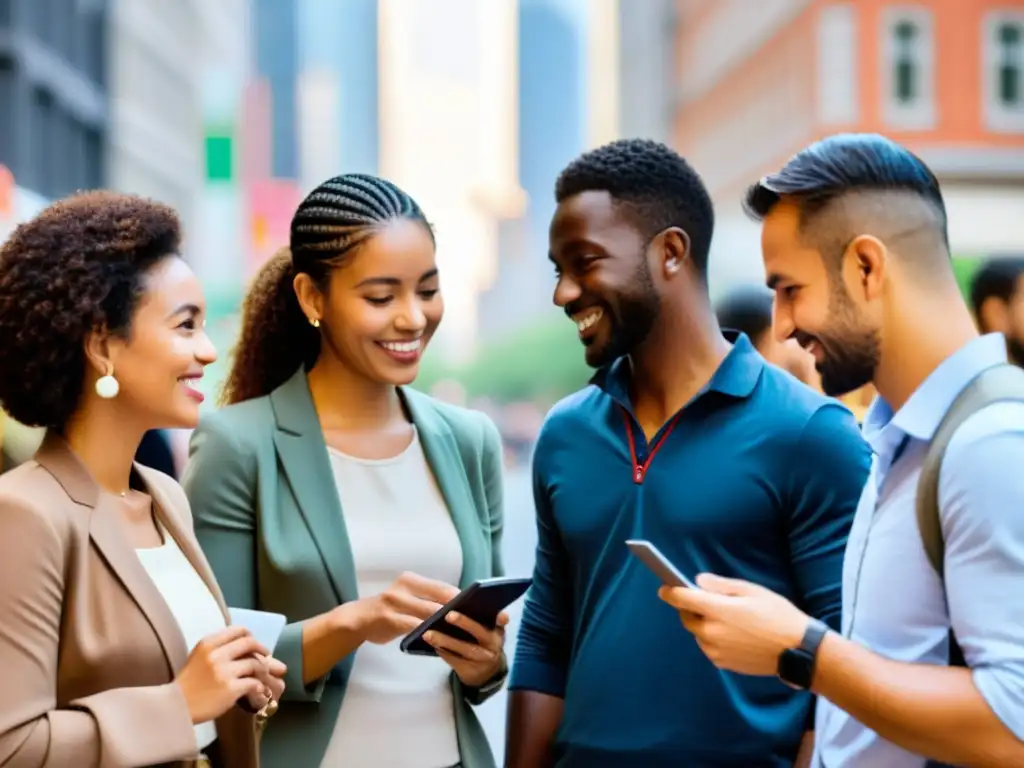 Un grupo diverso usa traductores de bolsillo para comunicarse en una bulliciosa ciudad, derribando barreras de idiomas