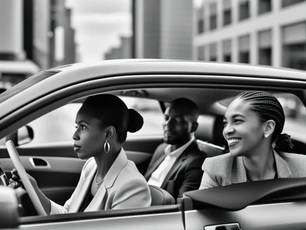 Un grupo diverso comparte un viaje en coche, reflejando la comunidad y la conexión en el car sharing en la ciudad