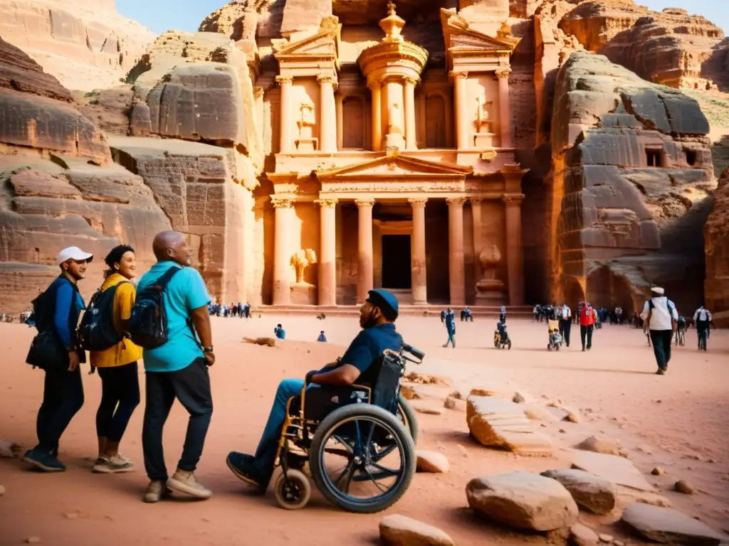 Grupo diverso de viajeros con discapacidad explorando las ruinas de Petra, Jordania al atardecer