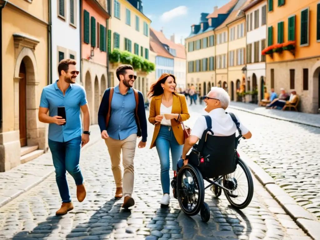 Grupo diverso de viajeros con discapacidad explorando un encantador pueblo europeo accesible