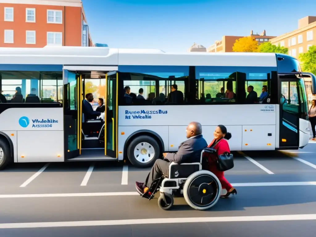 Grupo diverso de viajeros con discapacidad abordando un autobús moderno y accesible, en una ciudad inclusiva