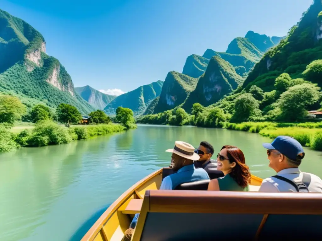 Grupo diverso de viajeros con discapacidades disfrutan de un paseo en bote accesible por un río, rodeados de montañas verdes y cielo azul