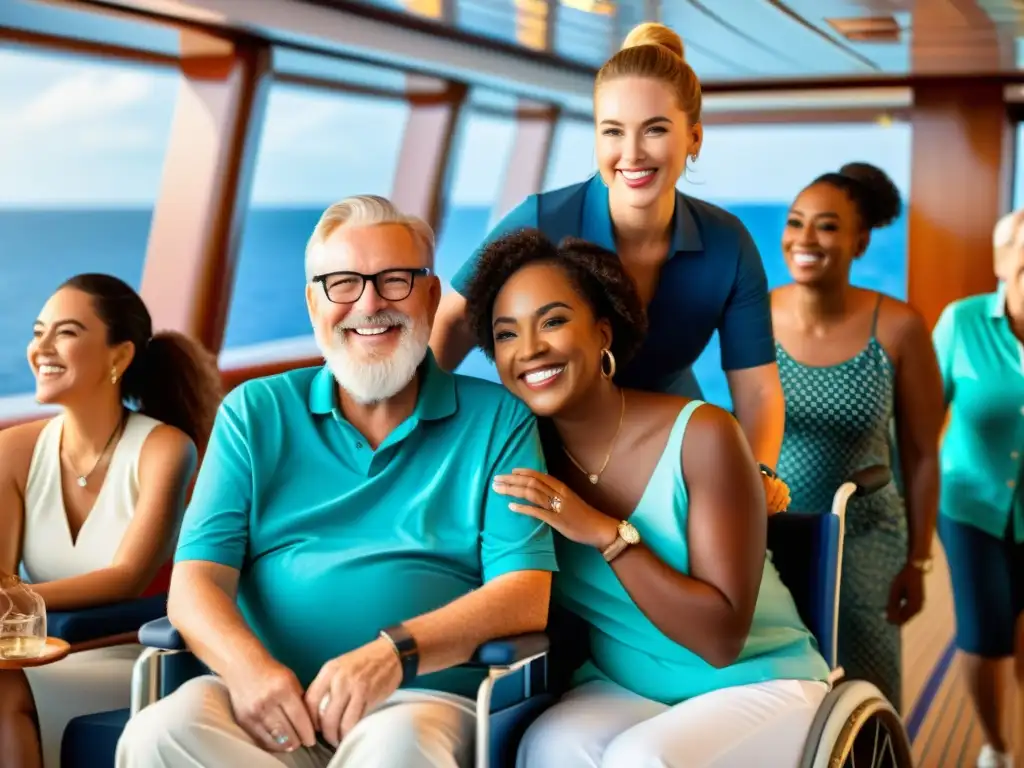 Grupo diverso de viajeros con discapacidades disfrutando de vacaciones accesibles para todos en un lujoso crucero