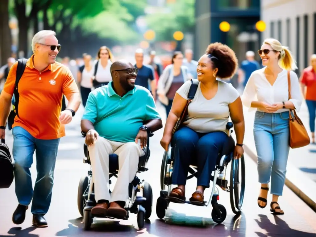 Un grupo diverso de viajeros con discapacidades sonrientes, explorando una bulliciosa calle de la ciudad