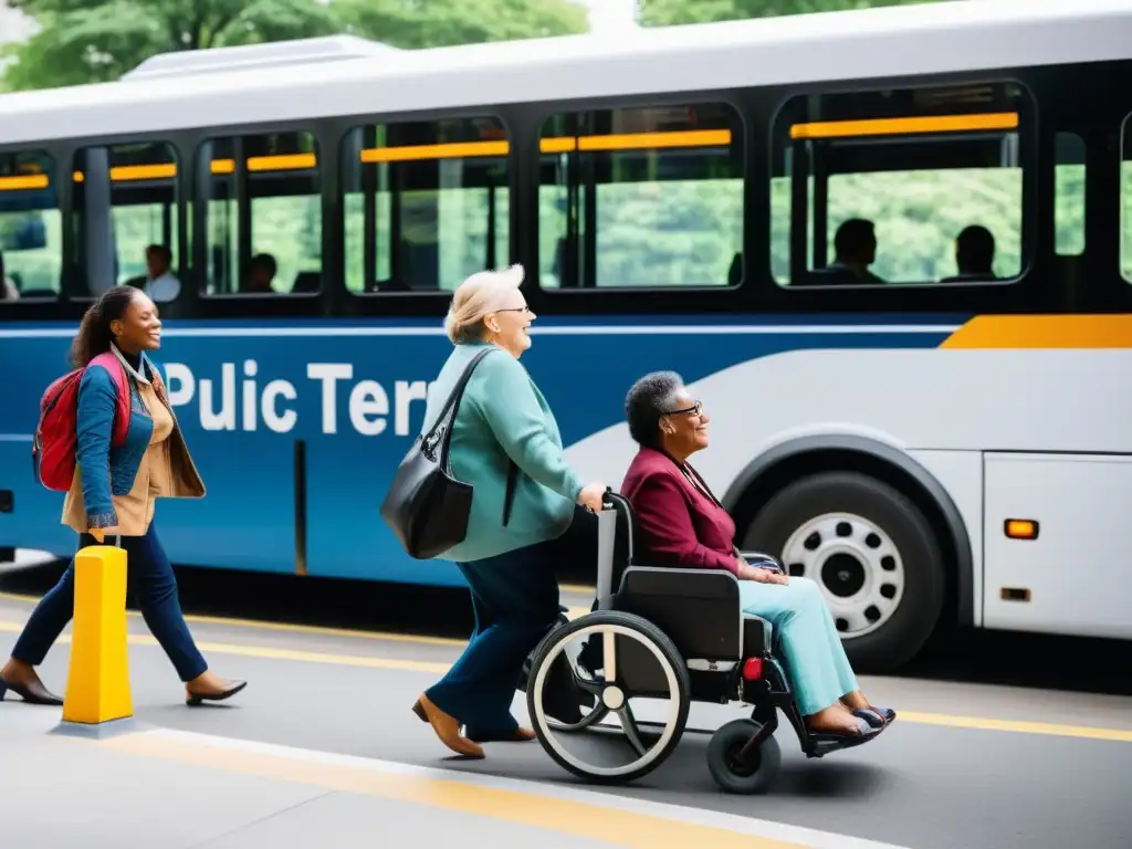 Un grupo diverso de viajeros aborda un vehículo de transporte público accesible, destacando la importancia del transporte en el turismo