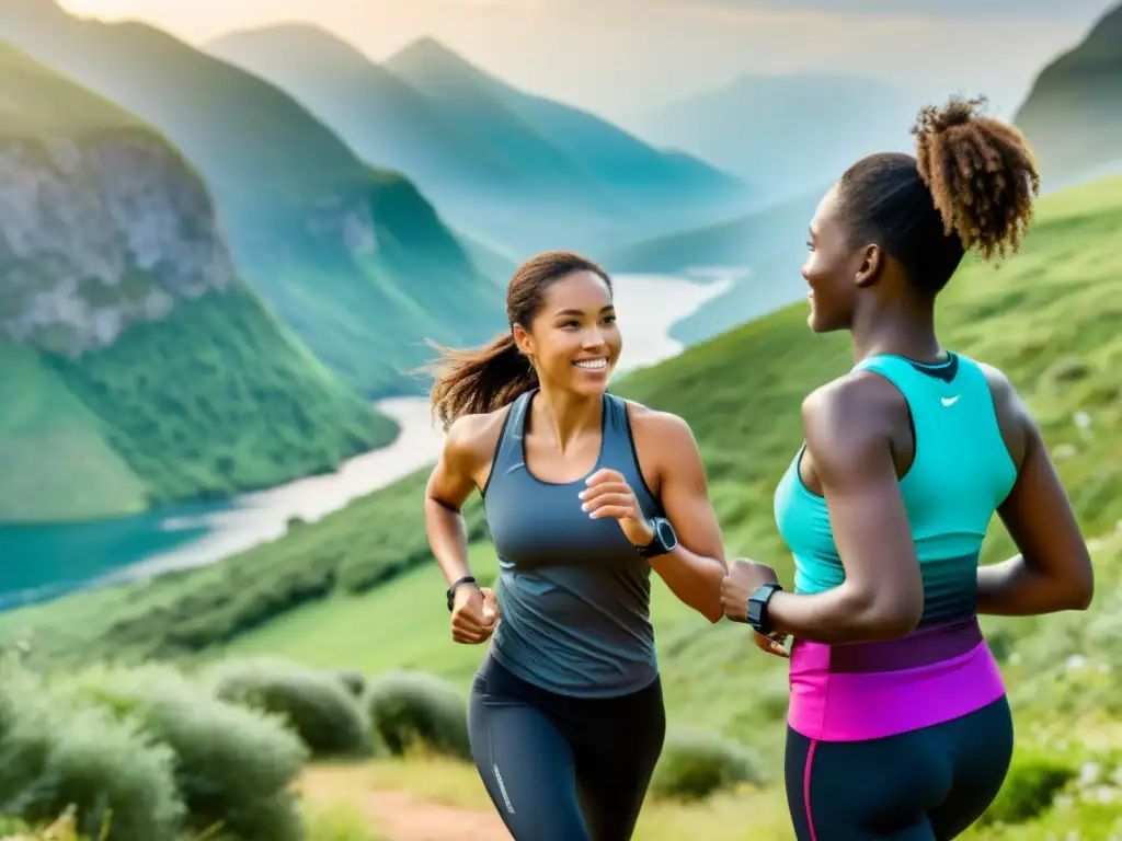 Grupo diverso de viajeros disfrutando de wearables para actividad física en viajes mientras hacen senderismo, ciclismo y running en paisajes diversos