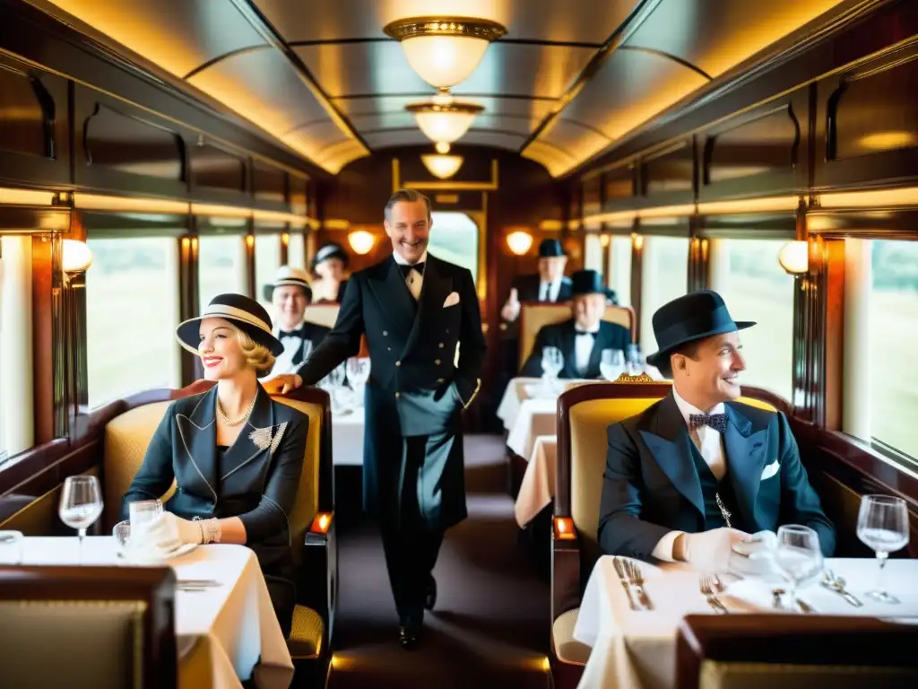 Grupo elegante en el lujoso vagón comedor del Orient Express, evocando la atmósfera glamorosa y cautivadora a bordo