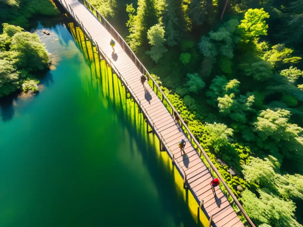 Grupo de excursionistas atraviesa un bosque exuberante y soleado, cruzando un puente sobre un arroyo cristalino