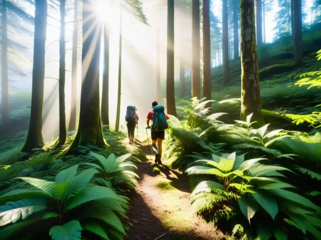 Un grupo de excursionistas recorre un denso bosque, con la luz del sol filtrándose entre las hojas, creando sombras moteadas en el suelo del bosque