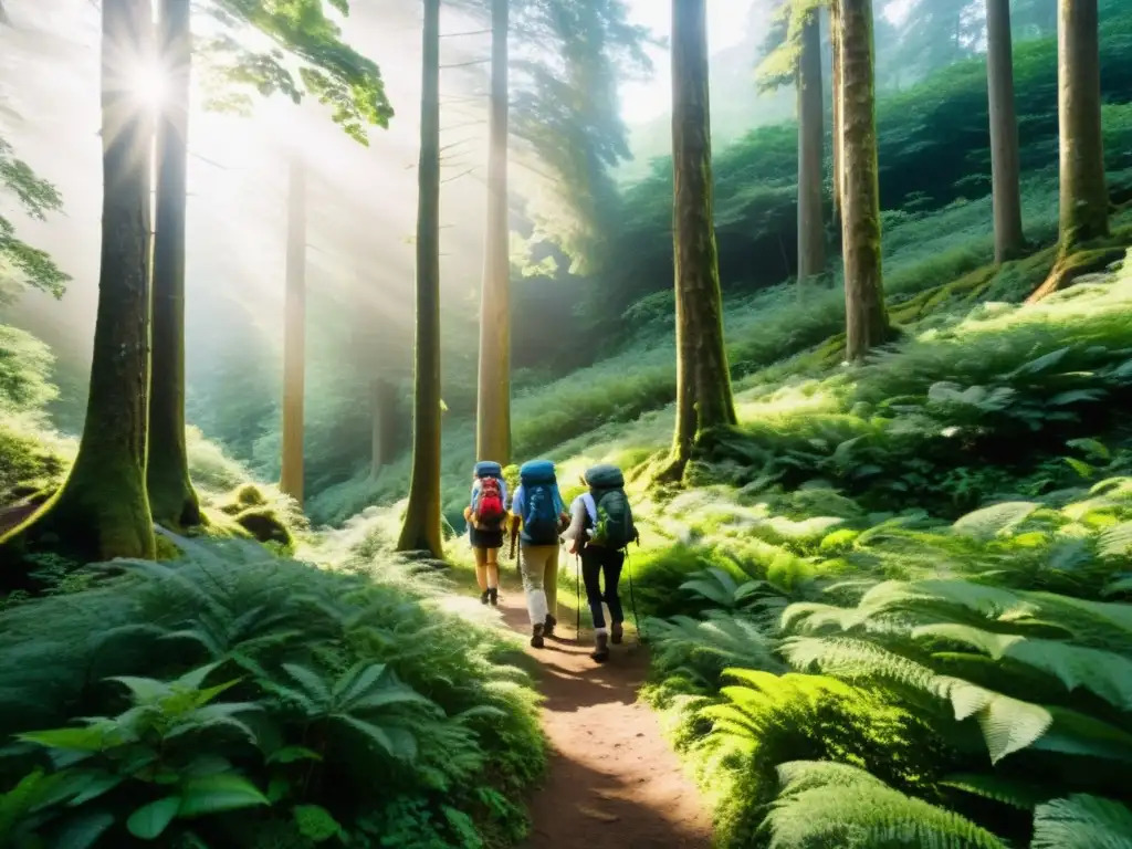 Un grupo de excursionistas atraviesa un exuberante bosque, equipados con mochilas y bastones de senderismo