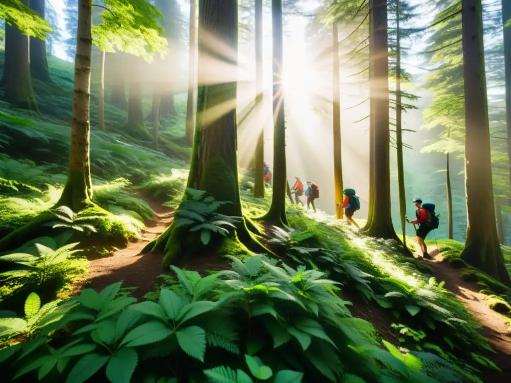 Un grupo de excursionistas recorriendo un exuberante bosque, con rayos de sol filtrándose entre el dosel