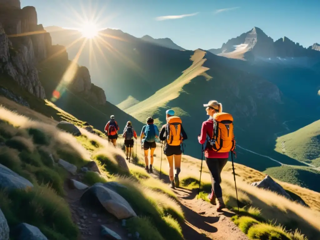 Grupo de excursionistas con wearables solares para cargar dispositivos, recorriendo sendero montañoso bañado por el sol