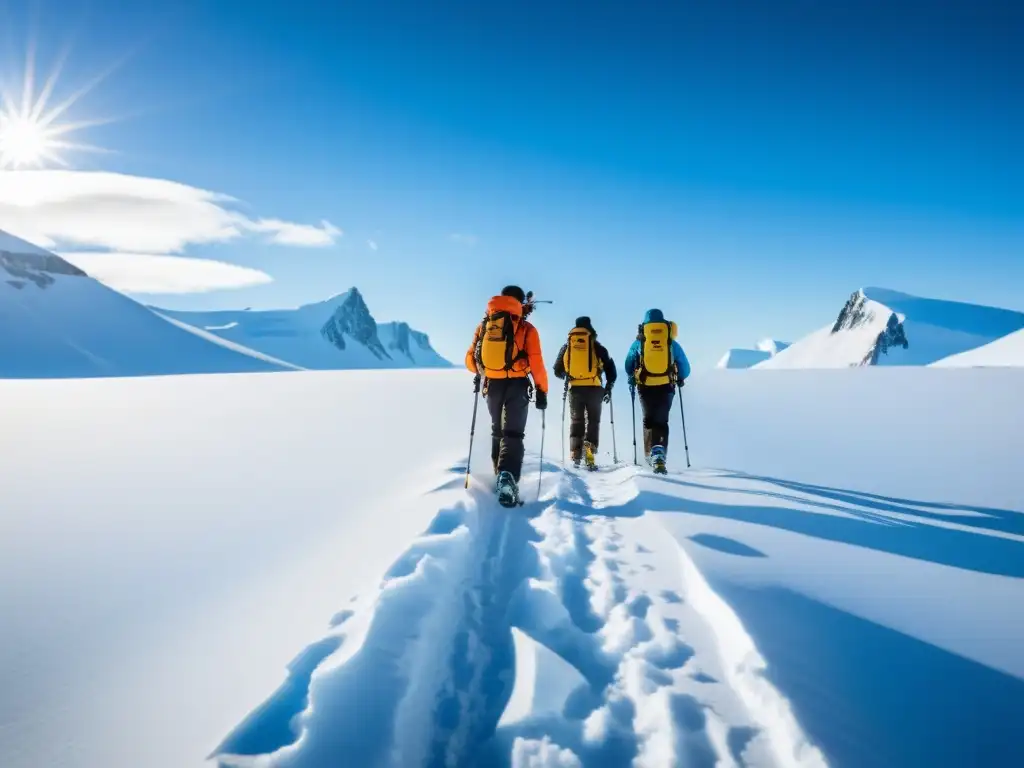 Grupo de exploradores en expediciones de lujo al Ártico, atravesando el vasto paisaje nevado