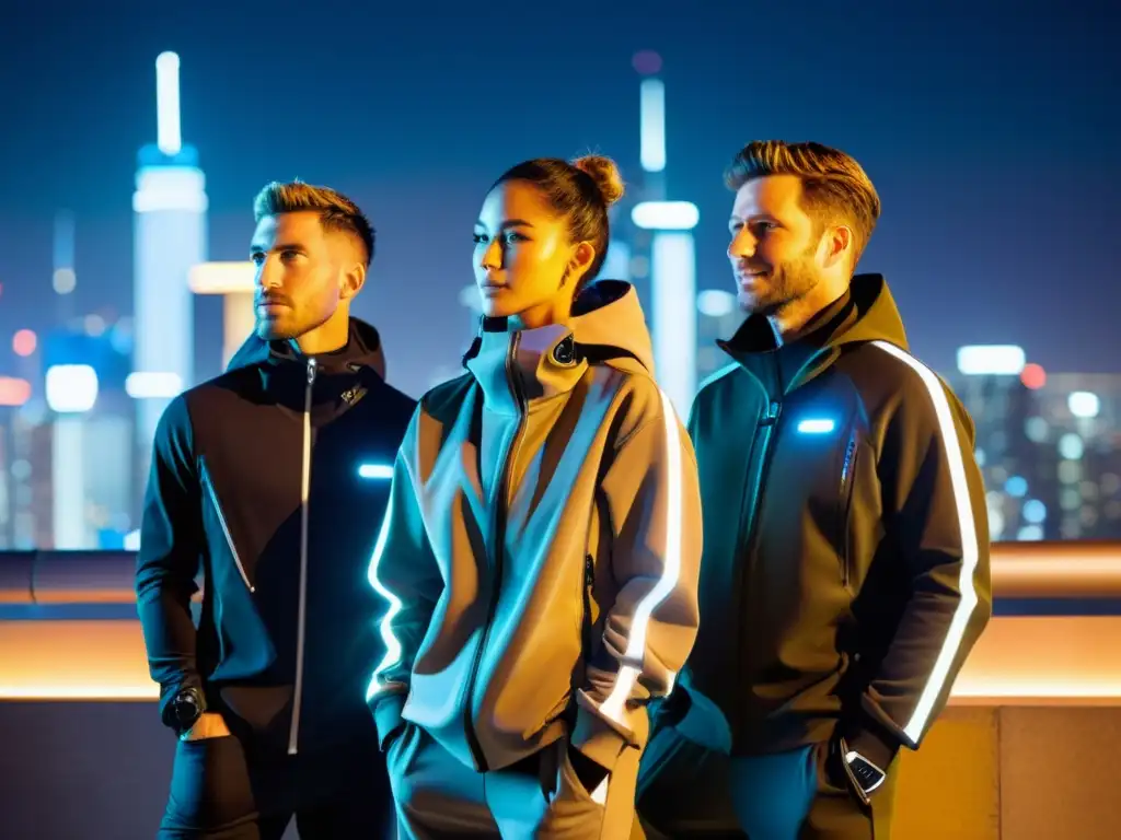 Un grupo de exploradores urbanos viste ropa wearable de diseño futurista, en armonía con la ciudad