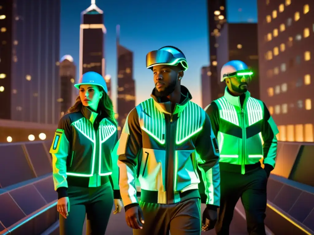 Grupo de exploradores urbanos con ropa wearable de tendencias, navegando en la ciudad futurista de noche entre rascacielos y luces de neón