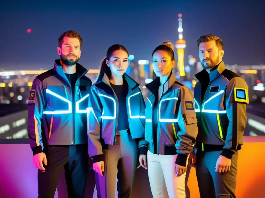 Grupo de exploradores urbanos con ropa de alta tecnología en una ciudad futurista