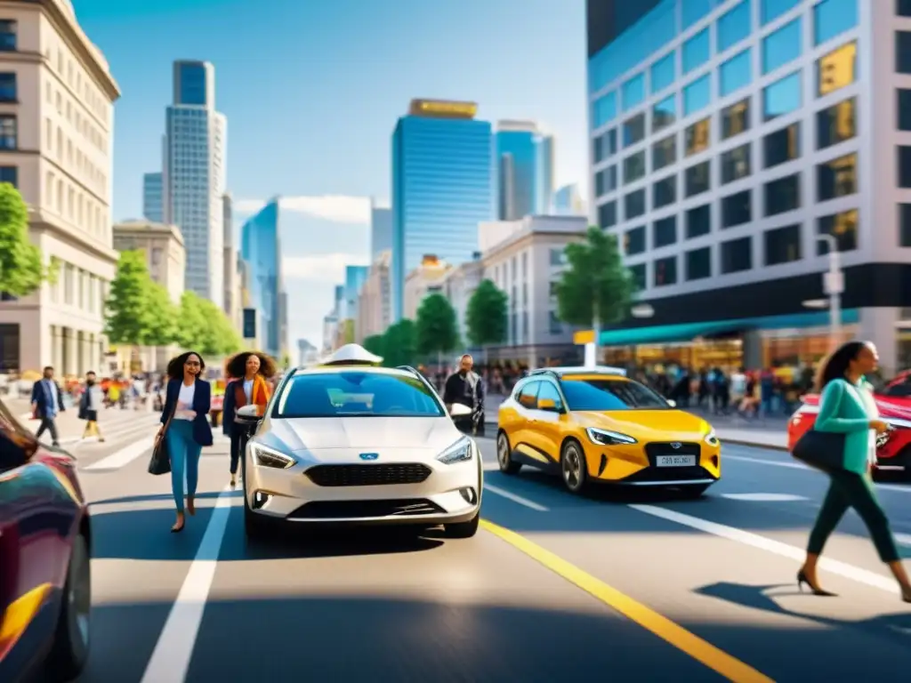 Grupo feliz comparte viaje en coche en la bulliciosa ciudad, mostrando la psicología del car sharing en entorno urbano