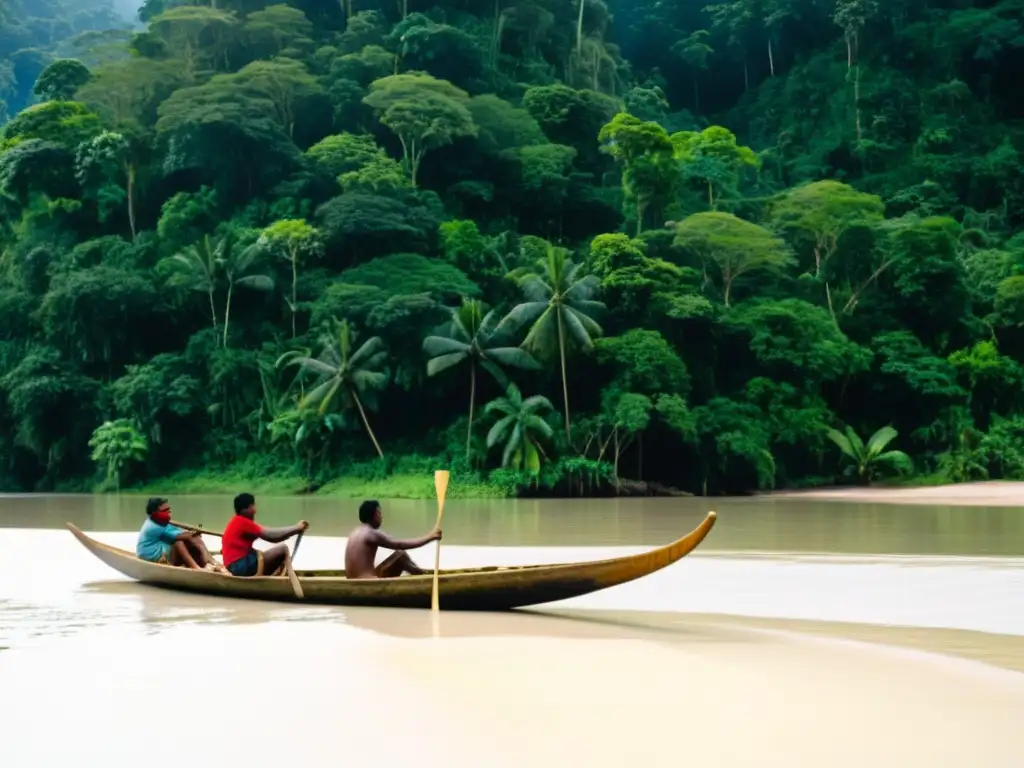 Un grupo de guías indígenas preparando una canoa en la selva, listos para una emocionante aventura en canoa por destinos selváticos accesibles