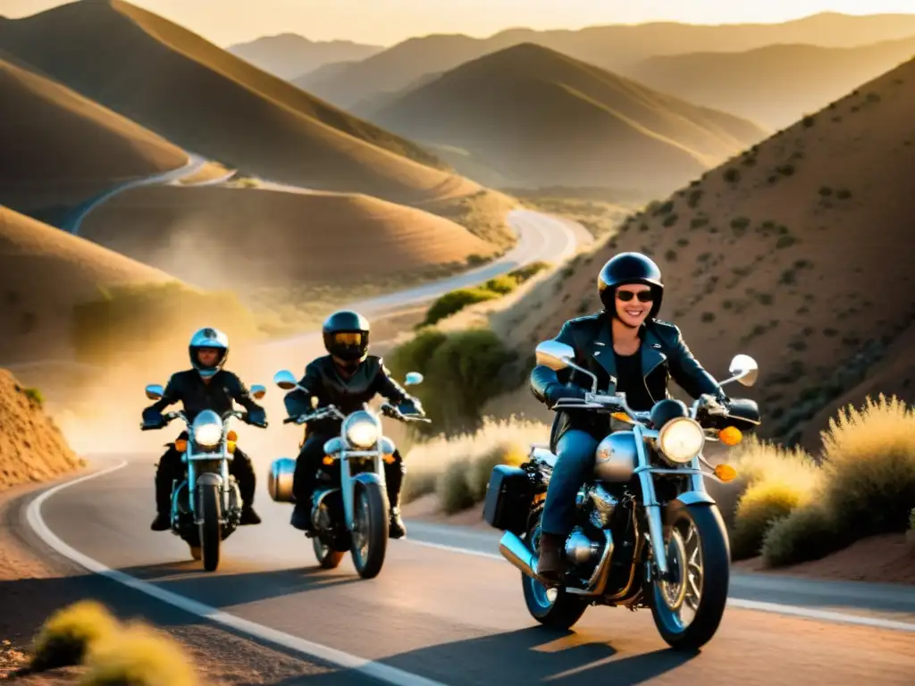 Un grupo de jóvenes motociclistas recorren una carretera de montaña al atardecer, en un escenario de libertad y camaradería