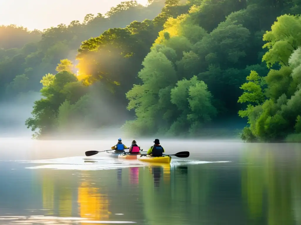 Un grupo de kayakistas explorando ríos y lagos al amanecer, con la luz dorada del sol filtrándose a través de los árboles